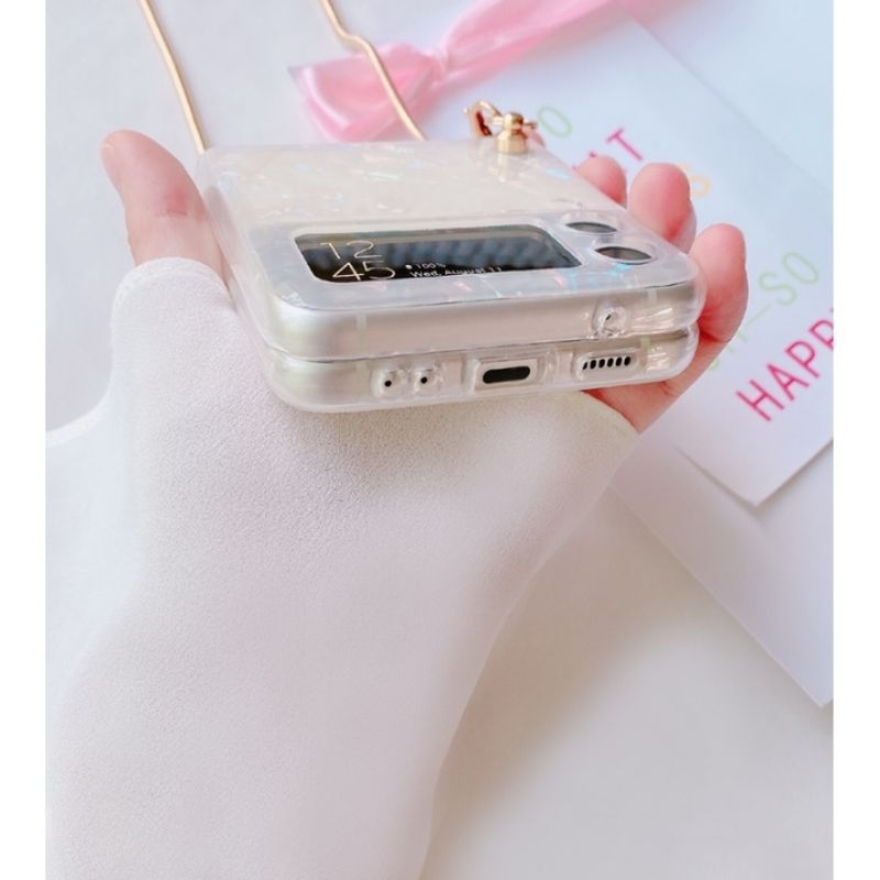 Ốp Z Flip 4 - Z Flip 3 - Z Flip3 - Flip4 5G vân đá lấp lánh viền dẻo kèm dây xích nhuyễn đeo chéo sang trọng