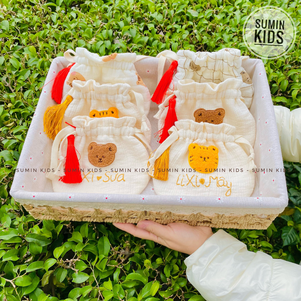 Túi đựng lì xì, đeo chéo thêu theo yêu cầu cho bé phong cách Hàn Quốc đi chơi Tết - đựng tỏi, balo