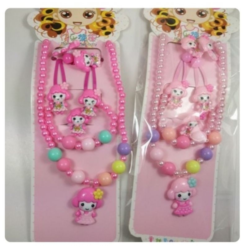 Set trang sức bé gái 6 chi tiết vòng cổ, vòng tay, nhẫn, kẹp tóc, dây cột tóc hoạt hình dễ thương