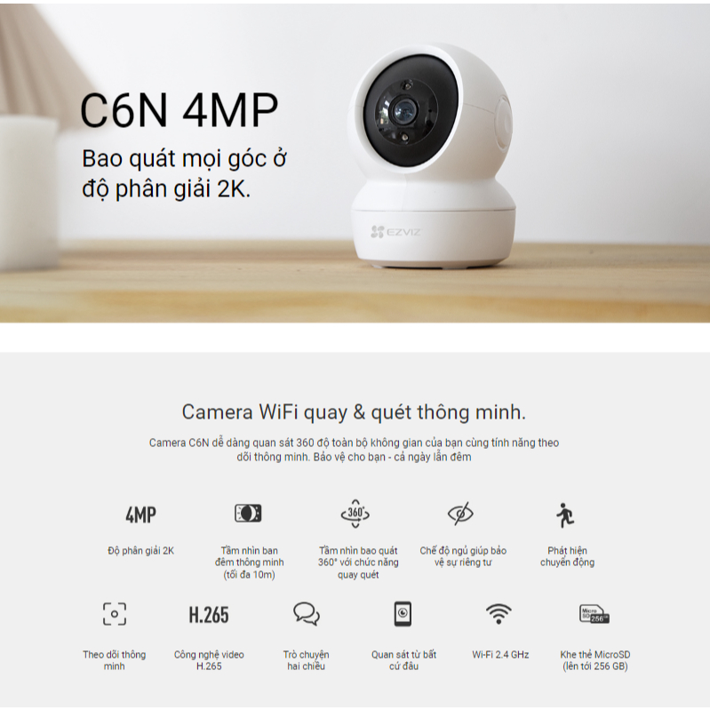 Combo Camera wifi ezviz, đàm thoại 2 chiều, xoay 360 độ C6N 2k 4MP