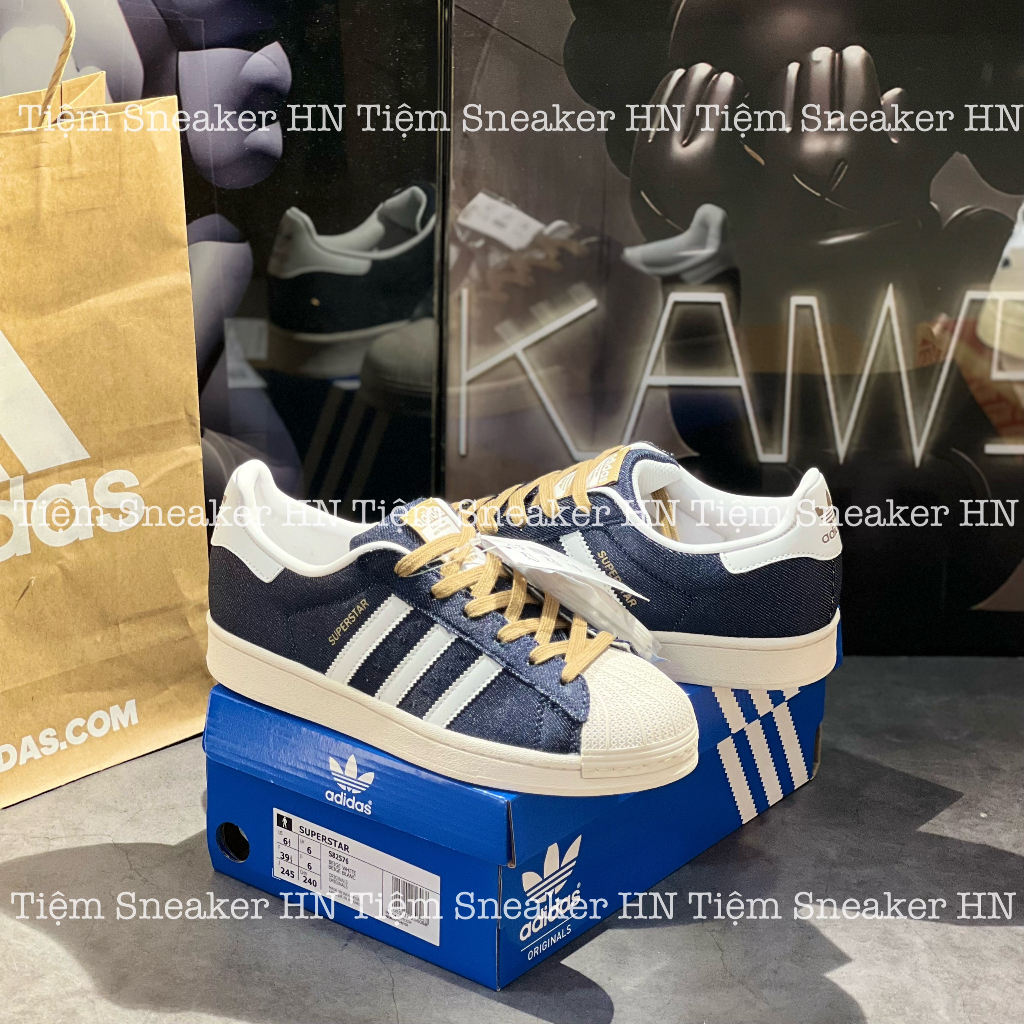 Giày Thể Thao  Adidas Superstar Navy White Giày Vải Da Bò Dây Vàng