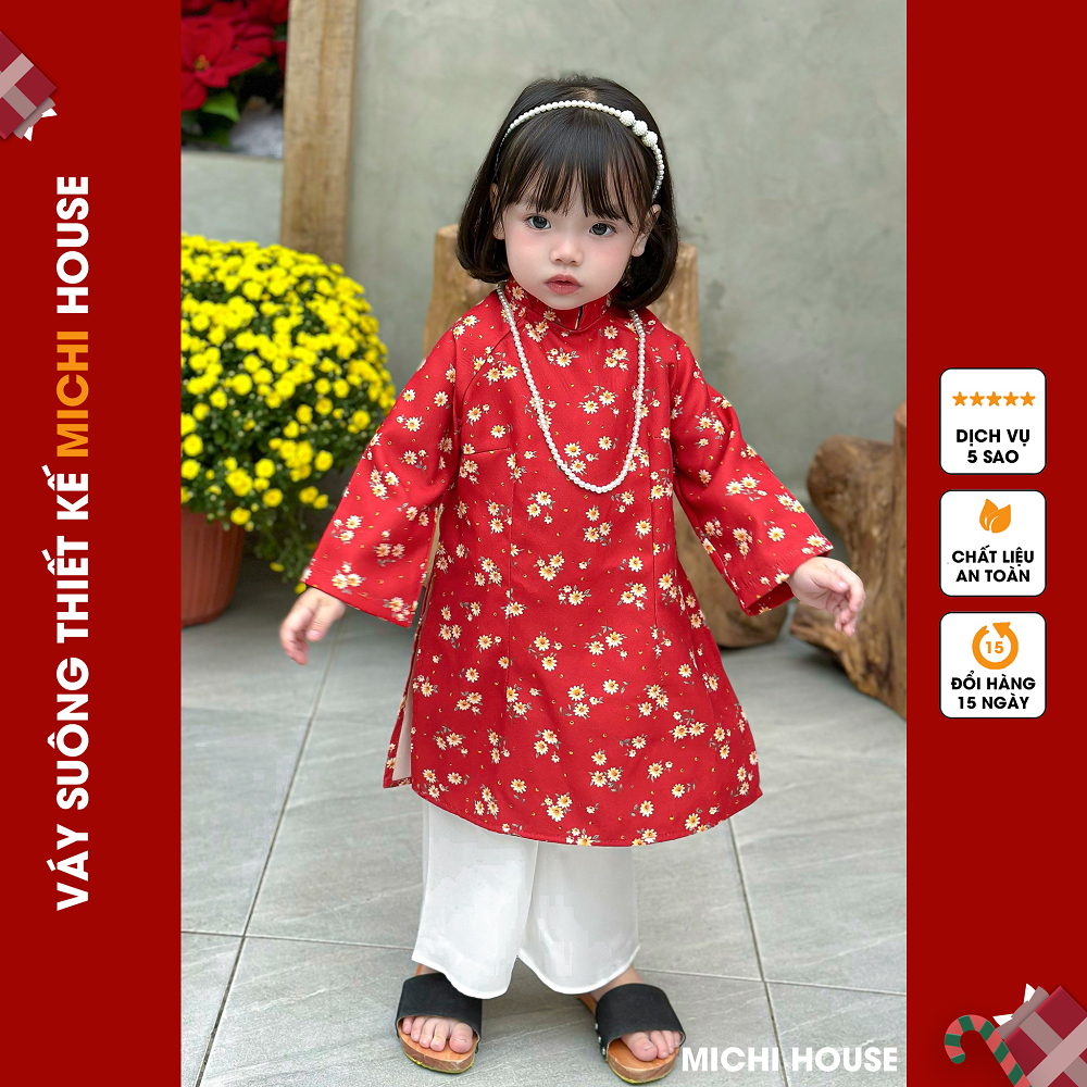 Set Áo Dài Bé Gái Dáng Suông Michi House Váy Xuông Truyền Thống Mặc Lễ Tết Cho Bé An Toàn Cho Da ADB4