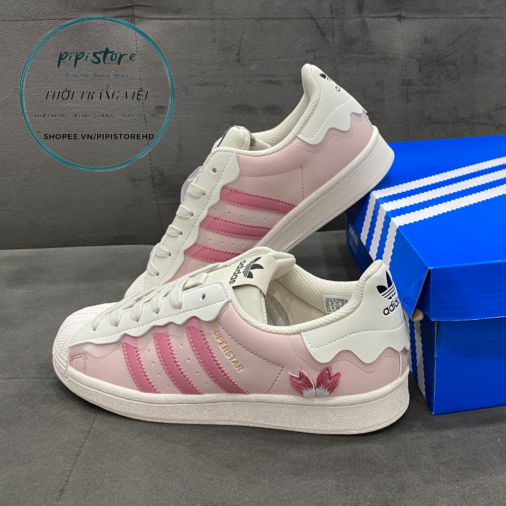 Giày adidas superstar, adidas Sò hồng, màu hồng kem bản S.C 2022 dây hồng full box