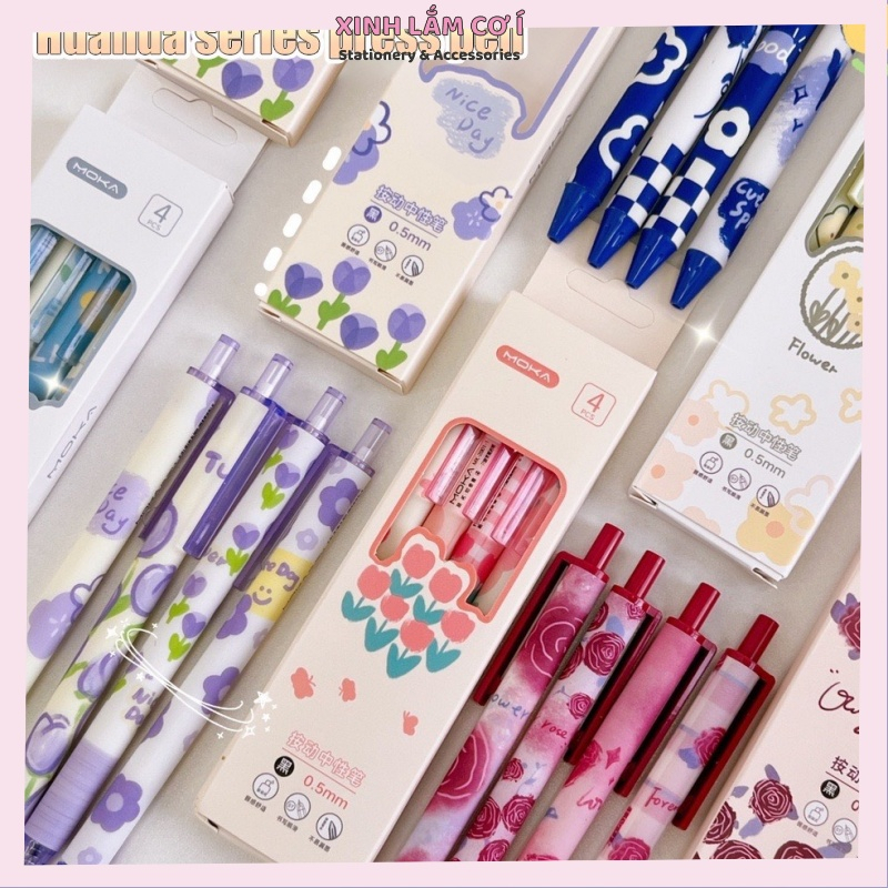 Sét 4 bút  Moka mực Gel Đen 0.5mm in hình hoa xinh xắn