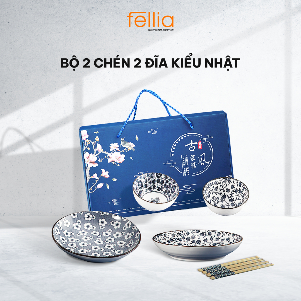 Bộ 2 chén bát 2 đĩa Fellia kiểu Nhật (2 chén, 2 đĩa, 2 đũa) | Sứ cao cấp | Đóng hộp quà tặng