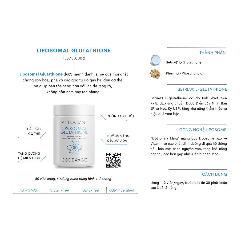 Viên uống chống lão hóa, trẻ hóa làn da Code Age Liposomal Glutathione, 60 Capsules nhập khẩu Mỹ - Gymstore