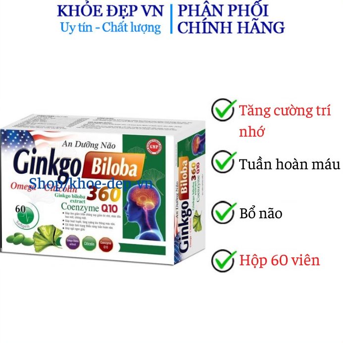 Viên uống Bổ não Ginkgo biloba coenzym q10 360mg - với ginkgo biloba giúp hoạt huyết dưỡng não, giảm chóng mặt đau đầu