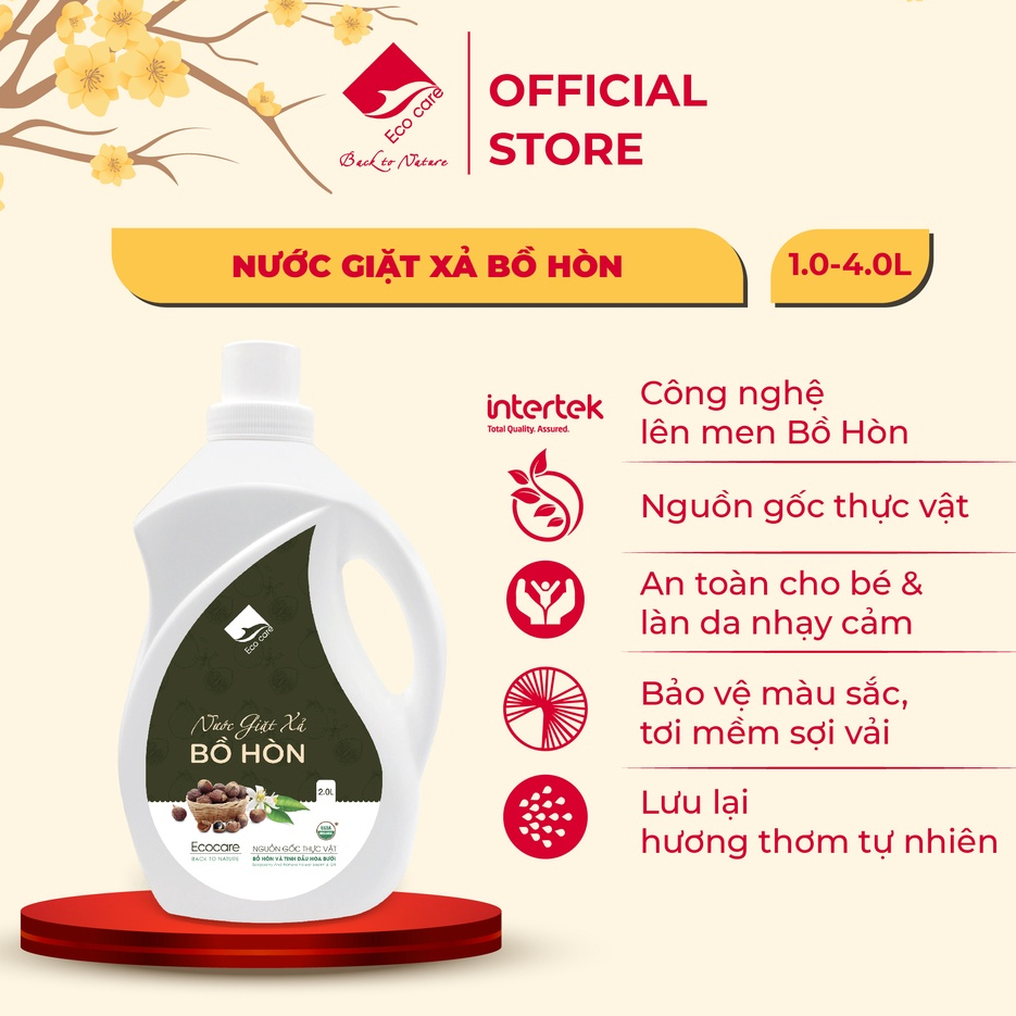 Nước giặt xả hữu cơ bồ hòn ECOCARE kết hợp tinh dầu hoa bưởi, giặt xả an toàn với mọi loại vải [1L-2L-4L]