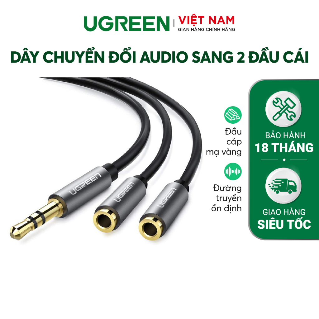 Dây cáp Audio 3.5mm UGREEN AV123 | Chia 1 cổng audio 3.5mm ra 2 cổng 3.5mm | Đầu tiếp xúc mạ vàng 24k | Bảo Hành 18 Thán