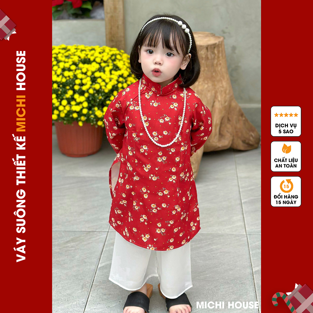 Set Áo Dài Bé Gái Dáng Suông Michi House Váy Xuông Truyền Thống Mặc Lễ Tết Cho Bé An Toàn Cho Da ADB4
