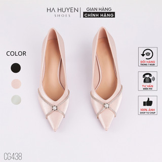 Giày cao gót lụa nữ HÀ HUYỀN mũi nhọn đính đá chéo ngọc trai gót cong 5 phân - CG438