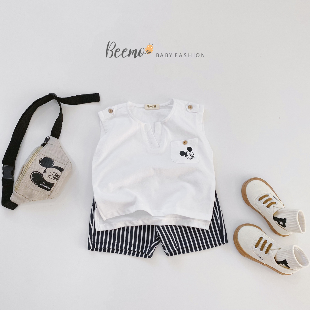 Bộ quần áo ba lỗ cho bé trai Beemo, Chất liệu cotton, họa tiết phối túi Mickey B172
