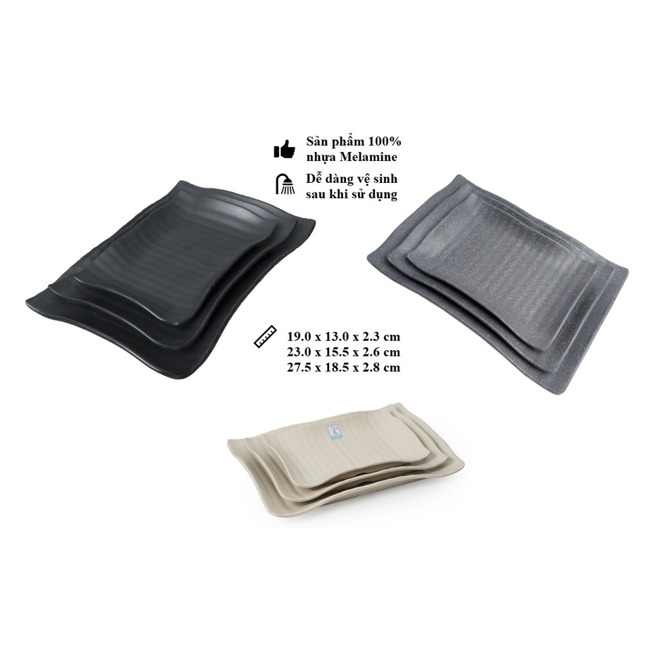 Dĩa chữ nhật nhựa Melamine nhám đen/nâu/xám nhiều Size