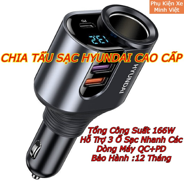 Tẩu chia sạc ô tô - Tẩu chia nguồn ô tô Hyundai Cao Cấp 2 ổ - Kèm 2 Cổng USB hỗ trợ sạc nhanh các thiết bị