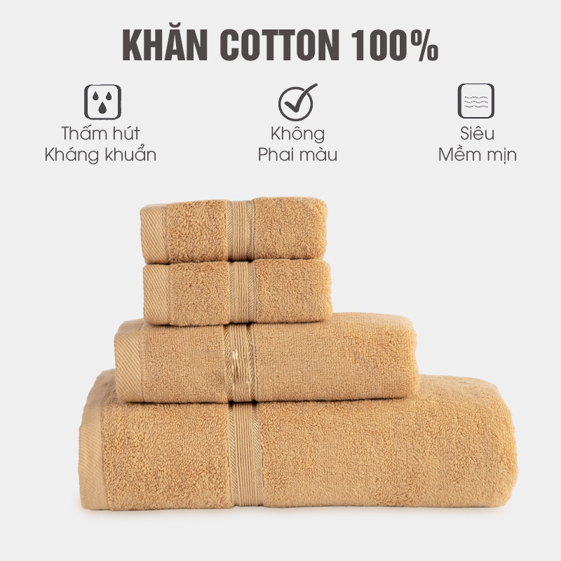 Combo 4 khăn gồm khăn tắm lớn , khăn tắm bé và 2 khăn mặt chất liệu 100% cotton cao cấp thấm hút,mềm mại