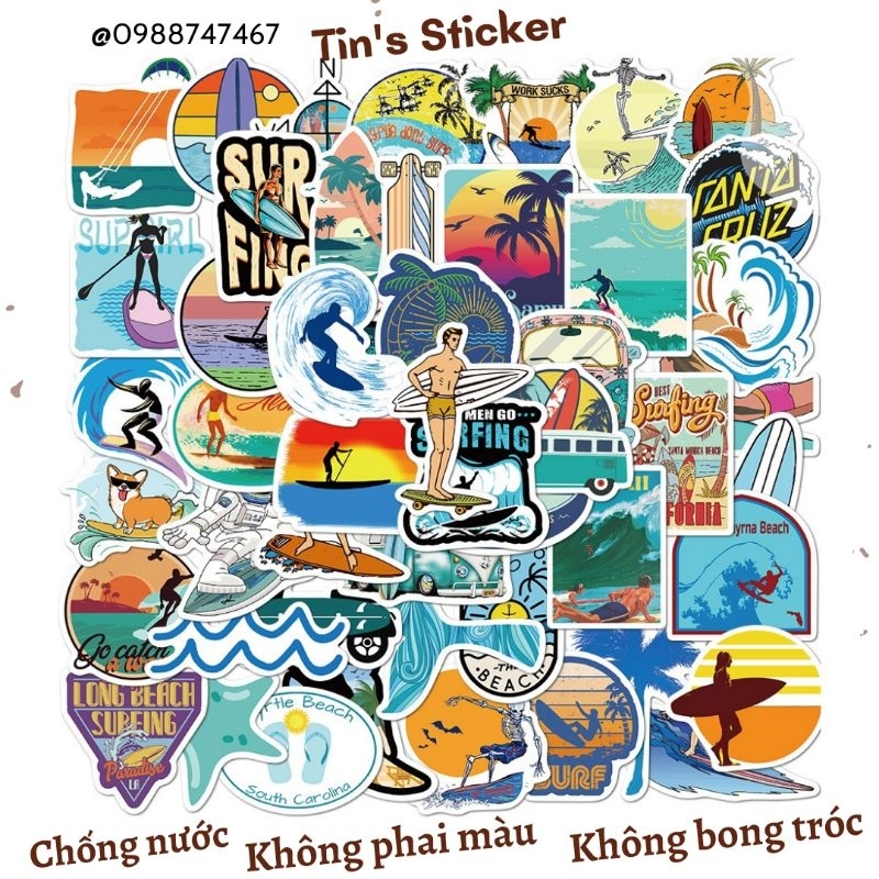 Set combo 50 miếng dán sticker lướt sóng biển ván trượt dán nón mũ bảo hiểm laptop vali sổ tay đàn guitar điện thoại