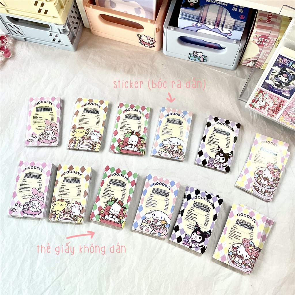 Set 20 Sticker Hình Dán Niêm Phong và Card Thẻ Giấy Trang Trí Goodbye Kuromi Melody Cinnamoroll