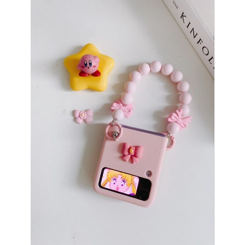 Ốp Z Flip 4 - Z Flip 3 - Z Flip3 - Flip4 5G hồng pastel charm dễ thương kèm dây hạt nơ tiểu thư xinh xắn