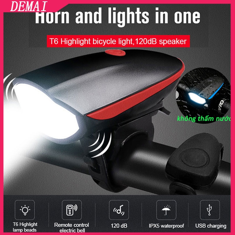 Đèn Xe Đạp Tích Hợp Còi Chống Nước Có Thể Sạc Lại Qua Cổng USB
