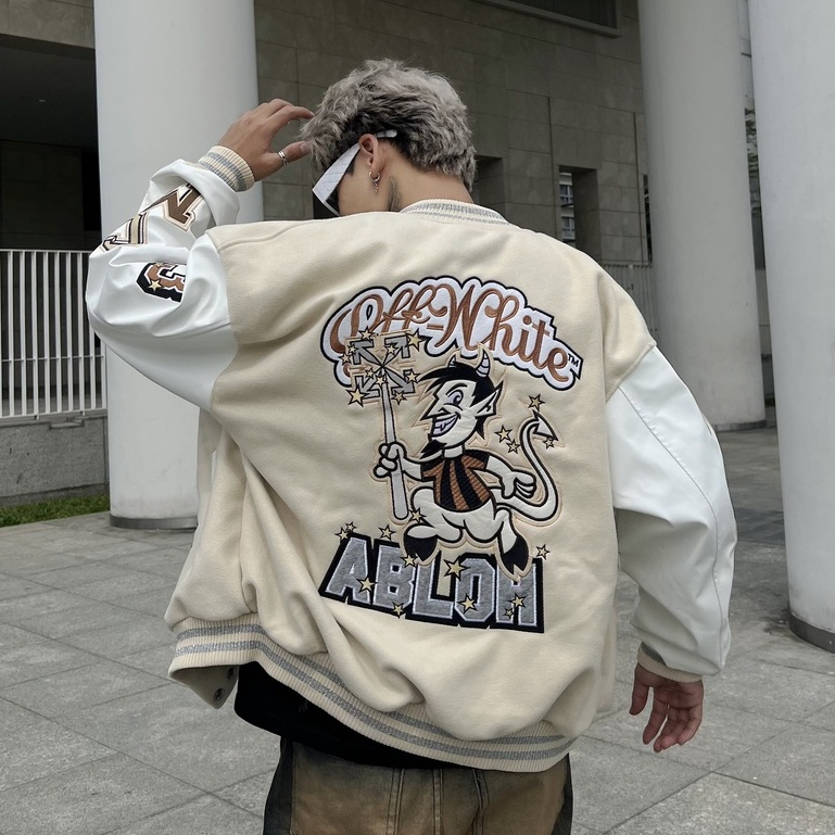 Áo khoác Bomber Varsity Jacket O.ff White AC Milan chất dạ 2 lớp phối tay da Pu cao cấp, Áo khoác bóng chày - Yoshop