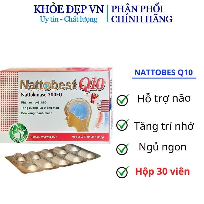 Hoạt huyết dưỡng não Ginkgo Biloba Nattobest Q10 hỗ trợ tăng tuần hoàn não, tan cục máu đông – Hộp 30 viên