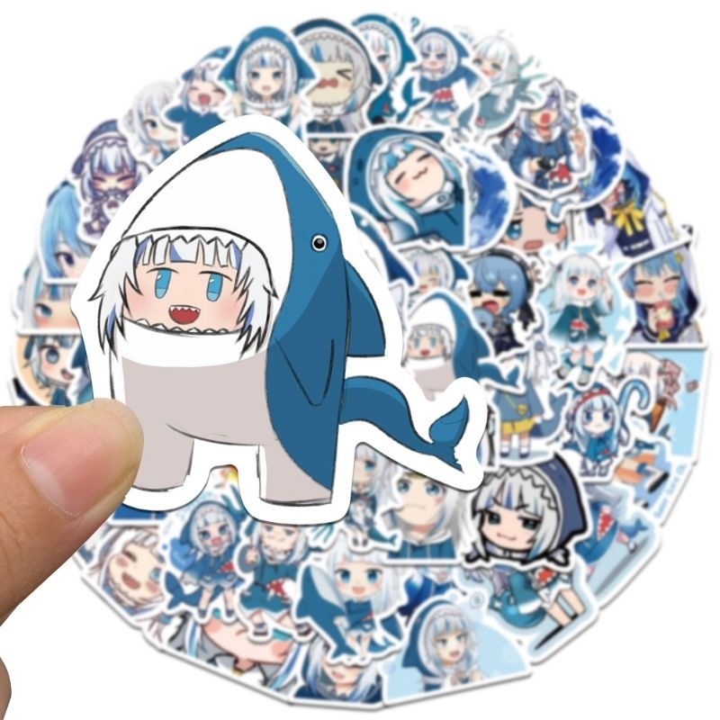 Set combo 50 miếng dán sticker anime Hololive Gawr Gura dán nón mũ bảo hiểm laptop vali sổ tay đàn guitar điện thoại