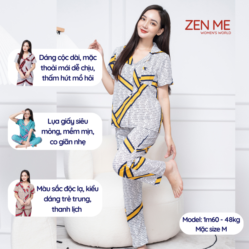 Bộ đồ mặc nhà, đồ ngủ Pijama Lụa giấy họa tiết đơn giản ZENME PJD0721