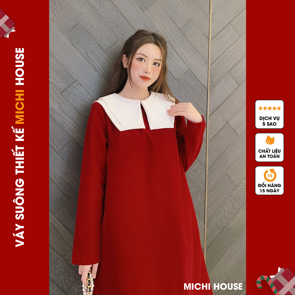 Đầm Suông Đỏ Mặc Tết Michi House Váy Xuông A Dáng Dài Đến Gối Phong Cách Hàn Quốc Freesize Bầu Mặc Cũng Xinh V566