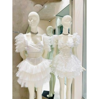 sét áo croptop lưới dập ly chân váy