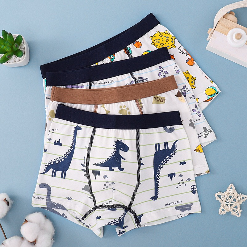 Set 4 quần chip bé trai, quần lót nam cao cấp họa tiết khủng long cao cổ Maruka Fashion cho bé từ 12-45kg