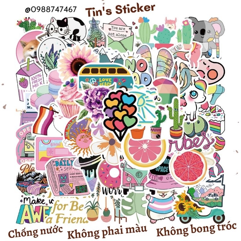 Set combo 50 miếng dán sticker retro cute dán nón mũ bảo hiểm laptop vali sổ tay đàn guitar điện thoại tủ lạnh xe máy