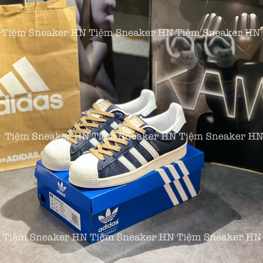 Giày Thể Thao  Adidas Superstar Navy White Giày Vải Da Bò Dây Vàng