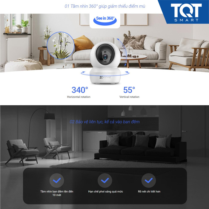 Camera H6C EZVIZ 2MP Wifi Không Dây, Quay Quét 360, Ban Đêm Hồng Ngoại - TQT SMART