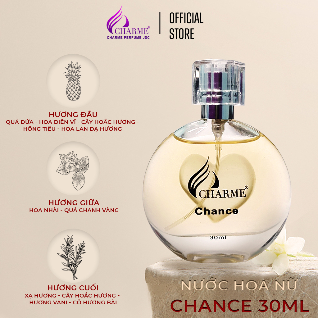 Nước hoa nữ thơm lâu, Charme Chance, mùi hương vani, mang phong cách nữ tính, gợi cảm, lưu hương lâu, 30ml