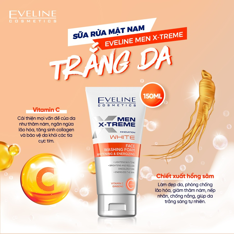 [Tặng sữa tắm nam 400ml] Sữa rửa mặt trắng da dành cho nam Eveline Men X-treme 150ML