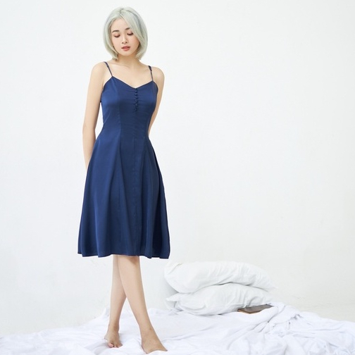 VIBES Váy ngủ lụa cao cấp Navy Lady Dress