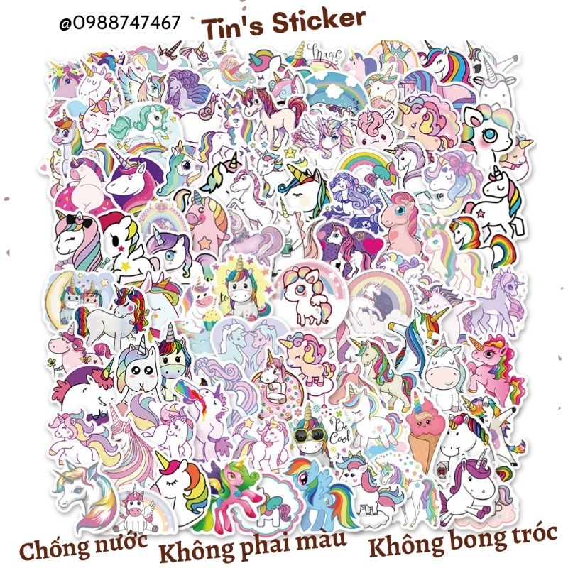 Set combo 50 miếng dán sticker kỳ lân unicorn cute dán nón mũ bảo hiểm laptop vali sổ tay đàn guitar điện thoại tủ lạnh