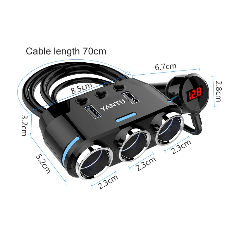 Bộ chia tẩu sạc ô tô, xe hơi cao cấp 3 tẩu loại tẩu cắm - 2 cổng USB sạc nhanh YANTU- có công tắc linh hoạt, tặng kèm cầ