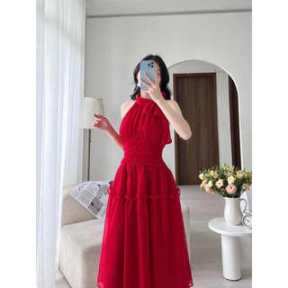 MEET - Đầm Đỏ Tơ Cổ Yếm