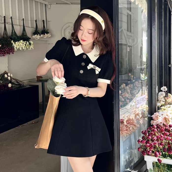 Váy nữ phối nút cổ sơ mi tay ngắn thời trang nữ tiểu thư đầm dự tiệc nữ sang chảnh