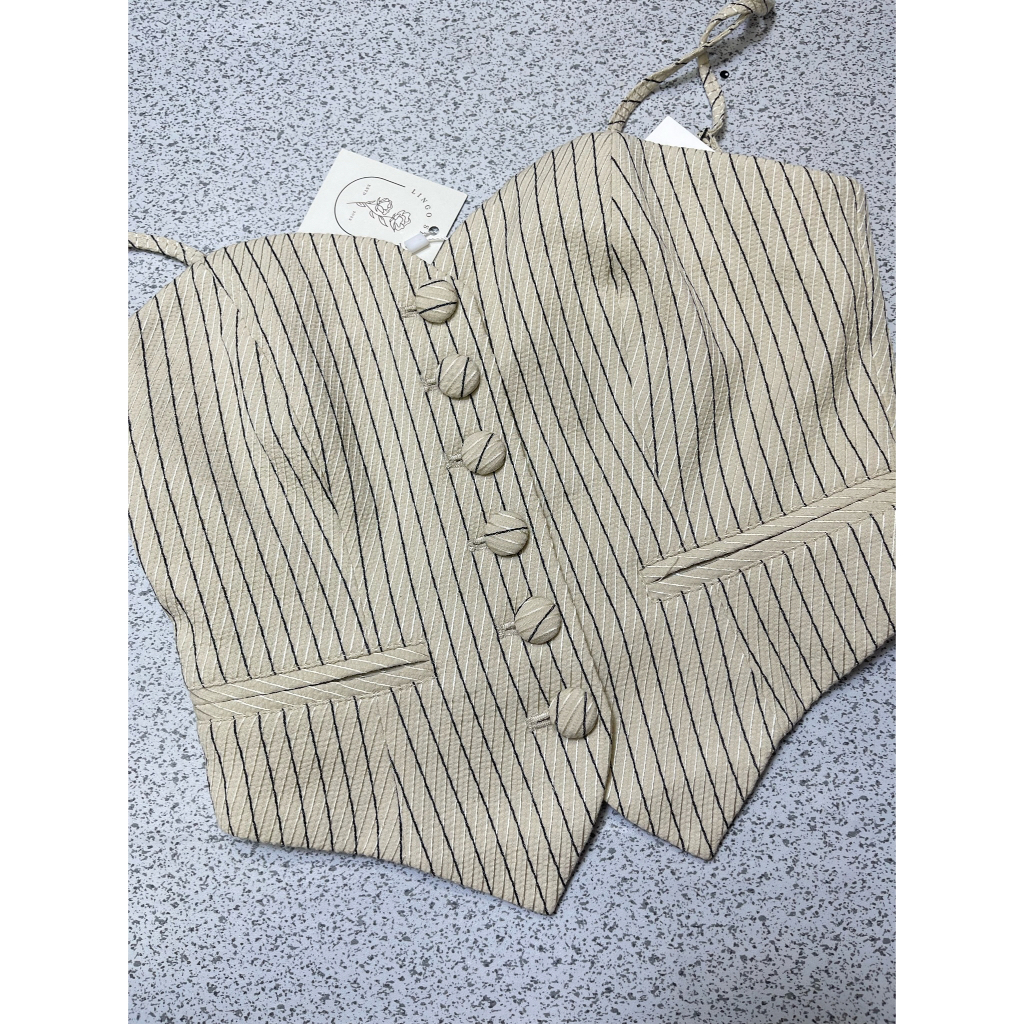 S1639 New nguyên tag Set áo quần kẻ MIDDLETONE hàng hiệu chính hãng thời trang nữ màu be đen size S thanh lý ký gửi