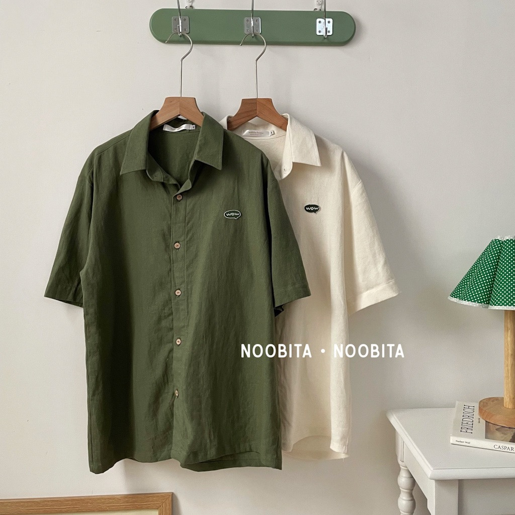NOBITA HOME - Sơ mi cotton linen thêu logo wow (tay dài và ngắn) 7905