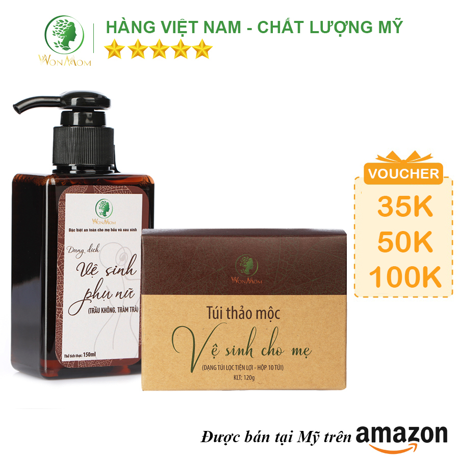 [ Giảm 35K - Đơn 339K ] Bộ sạch sâu, trẻ hóa và se khít cửa mình cơ bản Wonmom ( 1 Dung dịch vệ sinh + 1 Hộp xông cửa mì