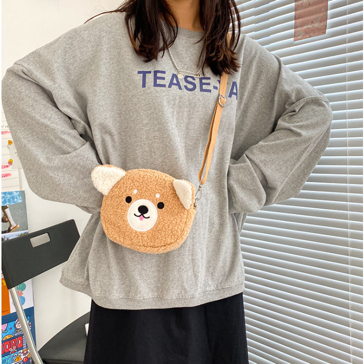 Túi chéo nữ đeo hông bằng bông xù mềm mại, túi vải gấu thỏ cute phong cách Ulzzang học sinh trẻ em đi chơi