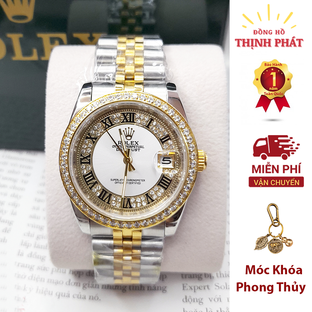 Đồng Hồ Nam R.OLEX Máy Pin Nhật - Xoàn Đính Full Đá - Số La Mã - Kính Sapphire Case 38mm Cao Cấp