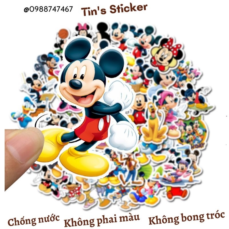 Set combo 50 miếng dán sticker chuột Mickey dán nón mũ bảo hiểm laptop vali sổ tay đàn guitar điện thoại tủ lạnh xe máy