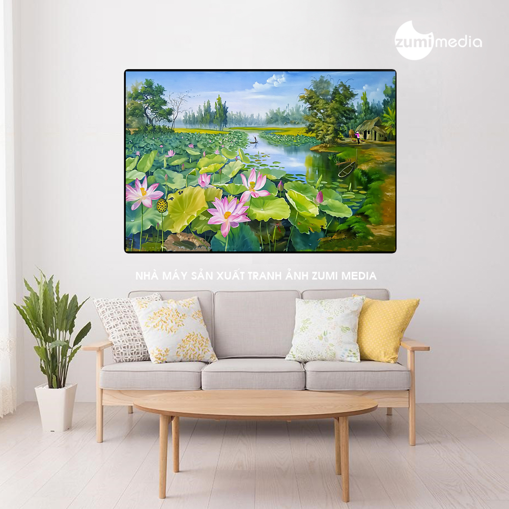 Tranh hồ sen đồng quê, gỗ lụa 90x60