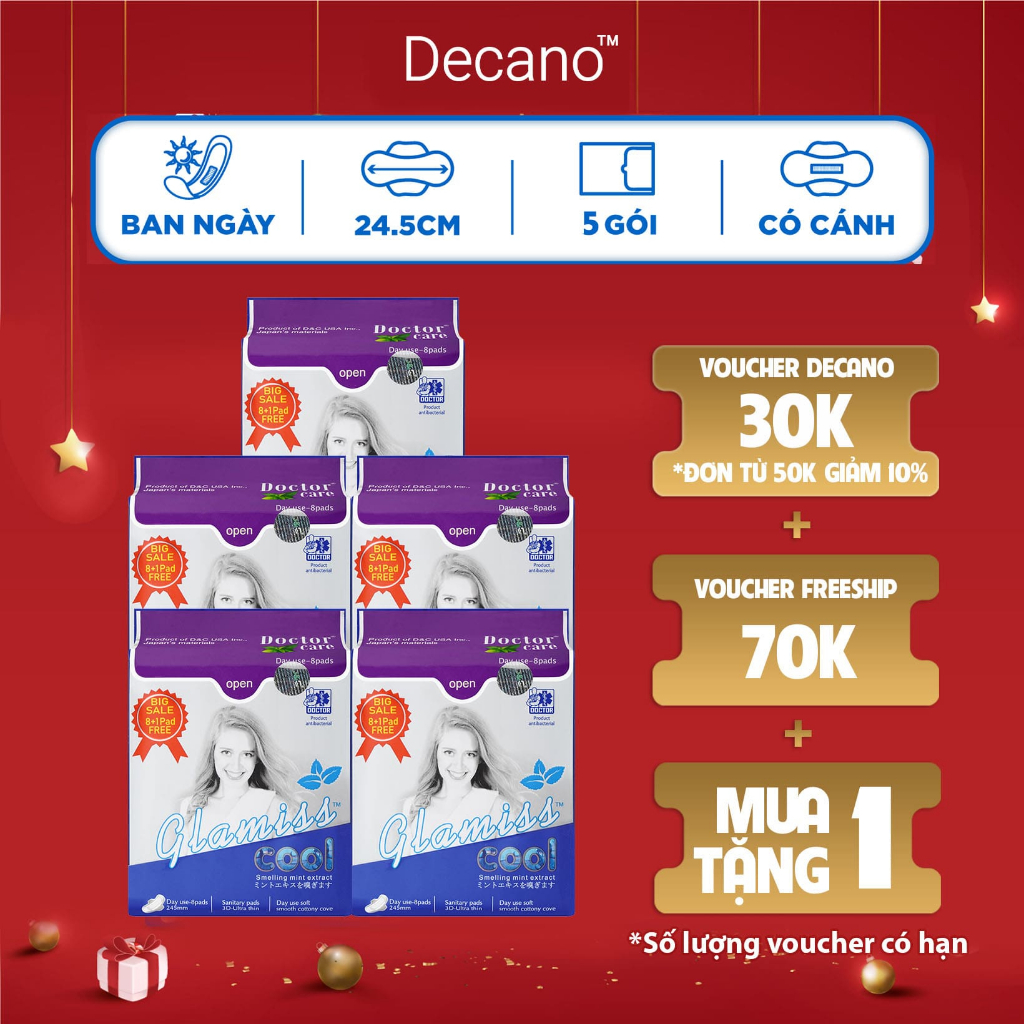 Combo 5 gói băng vệ sinh thảo dược Glamiss ban ngày 24cm Decano Store