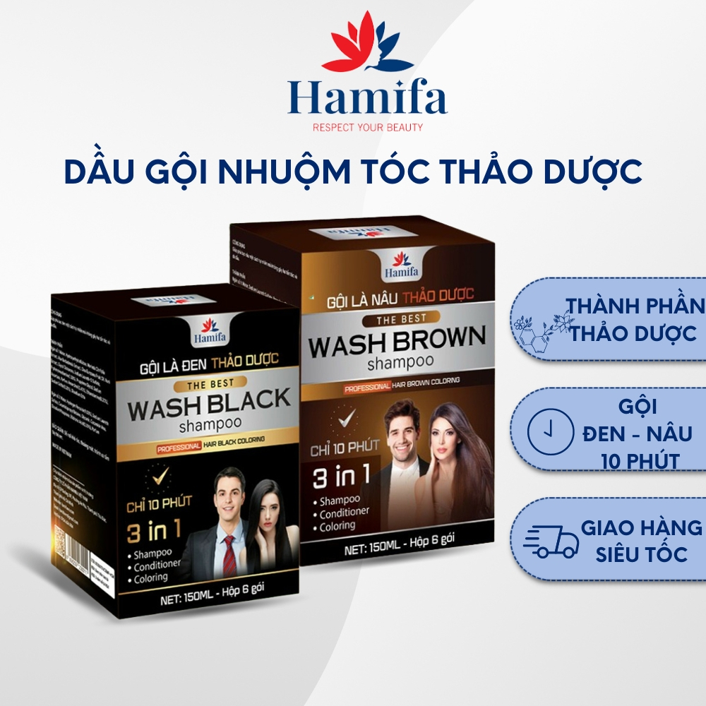 Dầu gội nhuộm tóc Hamifa phủ bạc đen và nâu chỉ 10p thành phần thảo dược hộp 2 chai
