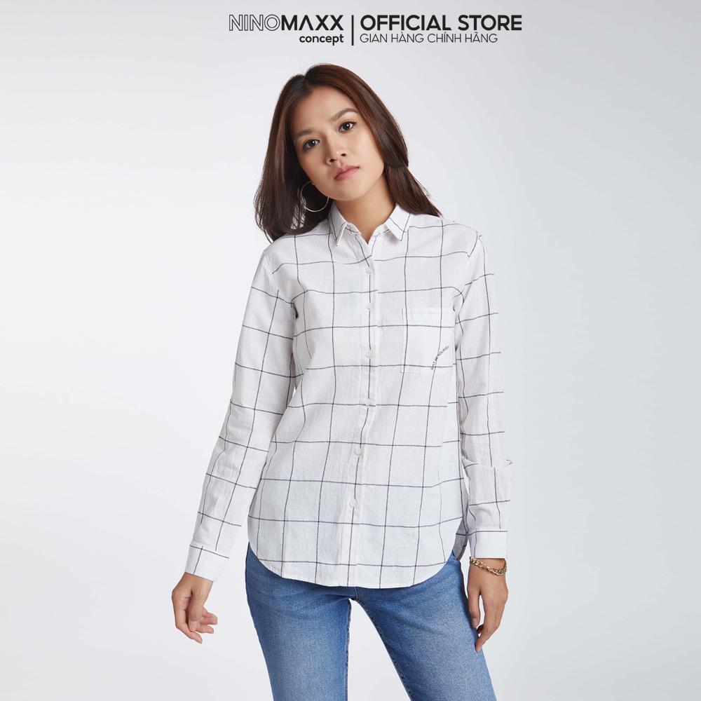 NINOMAXX Áo Sơ Mi Nữ Tay Dài Sọc Caro phối chữ chất cotton pha linen 1907097